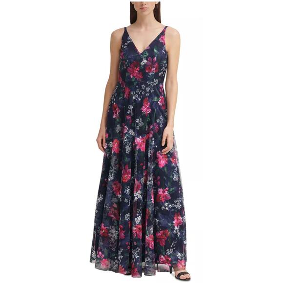 ELIZA J Floral Embroidered V-neck A-line Gown Maxi Dress Size 6 Navy Pink Formal - Picture 1 of 12